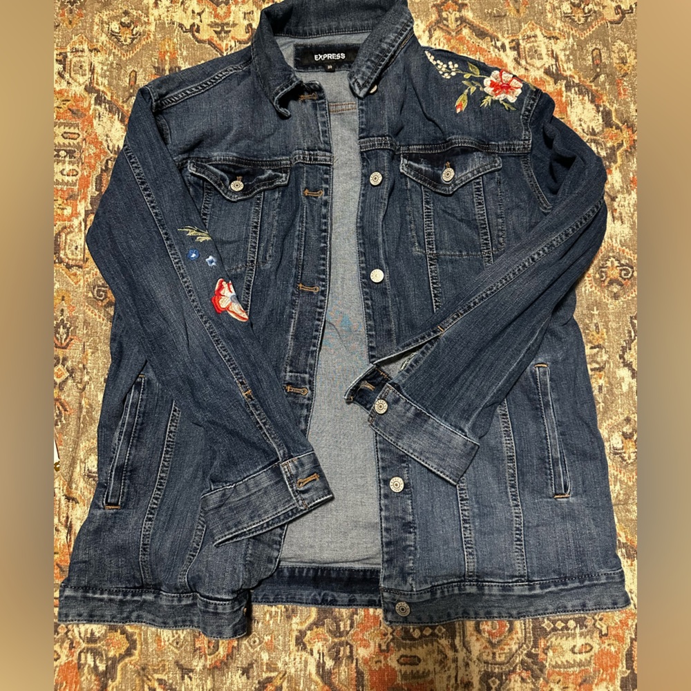 Express oversized floral stitched denim jacket - Size M/L